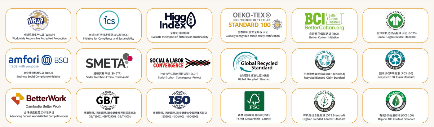 DALI Enterprise certifications: WRAP, ICS, Higg Index, OEKO-TEX, BCI, GOTS, amfori BSCI, SMETA, SLCP, GRS, RCS, Better Work, GB/T, ISO, FSC, OCS